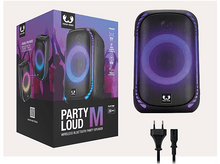 Charger l&#39;image dans la galerie, Une enceinte de soirée avec des lumières, une boîte avec du texte et un cordon d&#39;alimentation.
