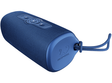 Charger l'image dans la galerie, Haut-parleur cylindrique bleu avec boutons et boucle de cordon. Fond blanc.
