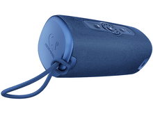 Charger l'image dans la galerie, Haut-parleur cylindrique bleu avec sangle et boutons de commande. Fond blanc.
