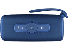 Charger l'image dans la galerie, Enceinte portable bleue avec boutons, sangle et fond blanc.
