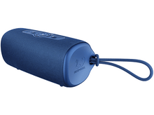 Charger l'image dans la galerie, Un haut-parleur cylindrique bleu avec des boutons sur le dessus et une boucle pour une sangle de transport.
