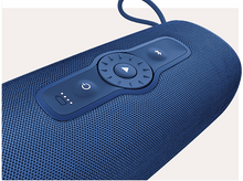 Charger l'image dans la galerie, Un haut-parleur bleu avec des boutons pour l'alimentation, la lecture/pause et le Bluetooth.
