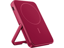 Chargeur portable rouge avec béquille. Il a un cercle de charge inductive.