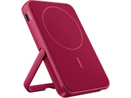 Chargeur portable rouge avec béquille. Il a un cercle de charge inductive.