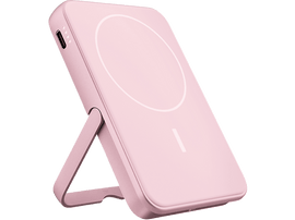 Chargeur sans fil rose avec support. Le chargeur a un cercle blanc et un signe moins blanc.