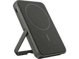 Chargeur portable noir avec un support intégré.