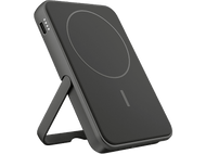 Chargeur portable noir avec un support intégré.