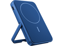 Charger l&#39;image dans la galerie, Chargeur sans fil bleu avec support et cercle, et trois lumières blanches.
