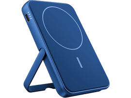 Chargeur sans fil bleu avec support et cercle, et trois lumières blanches.