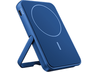 Chargeur sans fil bleu avec support et cercle, et trois lumières blanches.