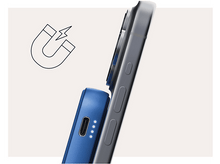Charger l&#39;image dans la galerie, Téléphone en charge avec une batterie externe bleue. Icône d&#39;aimant à côté.

