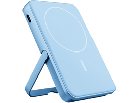 Chargeur sans fil bleu avec support. Zone de chargement circulaire. Sur fond noir.