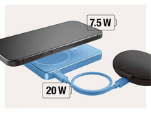 Charger l&#39;image dans la galerie, Un téléphone noir en charge sur un socle bleu, un étui noir et des indicateurs d&#39;alimentation visibles.
