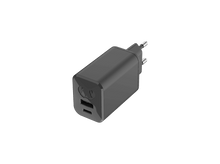 Charger l'image dans la galerie, Un chargeur USB gris foncé avec deux ports et deux broches métalliques pour une prise européenne, sur fond noir.
