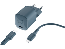 Charger l'image dans la galerie, Chargeur Motorola bleu avec un câble USB-C et Lightning. Fond noir.
