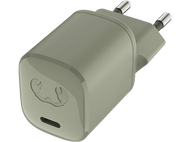 Adaptateur de chargeur gris avec deux broches, un petit trou noir et un logo.