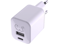 Chargeur USB blanc avec deux ports.