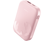 Batterie externe rose, vue en angle. Motif crabe sur le devant. Quatre voyants blancs de niveau de charge. Fond noir.
