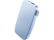 Batterie externe bleu clair, sur fond noir.