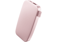 Un chargeur portable rose avec un bouton et un port de chargement.