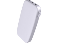 Batterie externe blanche. Forme rectangulaire, avec trois ports et un bouton d'alimentation.