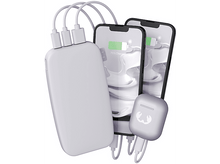 Charger l'image dans la galerie, Batterie externe blanche chargeant deux téléphones et Airpods. Tous les appareils sont blancs.
