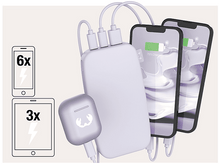 Charger l'image dans la galerie, Une batterie externe avec trois câbles de chargement, deux téléphones et un étui d'écouteurs.
