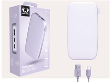 Charger l'image dans la galerie, Batterie externe lilas et sa boîte, plus des câbles USB. La boîte indique 'POWERBANK 18000 mAh'.
