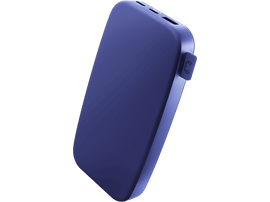 Une petite batterie externe rectangulaire bleue sur fond noir.