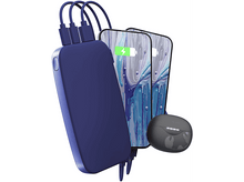 Charger l&#39;image dans la galerie, Une batterie externe bleue avec trois câbles, deux téléphones en charge et un ensemble d&#39;écouteurs noirs.
