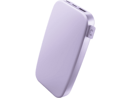 Une batterie externe violet clair sur fond noir. Elle a une surface lisse.