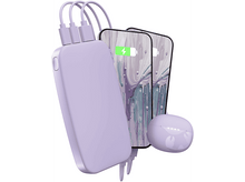 Charger l&#39;image dans la galerie, Batterie externe violette, téléphones et écouteurs sur fond blanc. Téléphones affichent charge.
