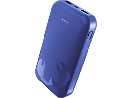 Batterie externe bleue avec logo de crabe. Plusieurs lumières, couleur bleue, fond noir.