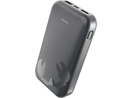 Batterie externe gris foncé. Forme petite et rectangulaire. Bouton d'alimentation et ports de charge. Fond noir.