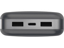 Charger l&#39;image dans la galerie, Une batterie externe gris foncé avec deux ports USB et un port USB-C, vue d&#39;en haut.
