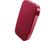 Une batterie externe bordeaux sur fond noir, avec une surface lisse.