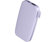 Petite batterie externe rectangulaire violet clair. Fond noir. Deux ports visibles.