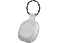 Un porte-clés blanc avec un anneau argenté. Il a une étiquette ovale blanche avec un logo.