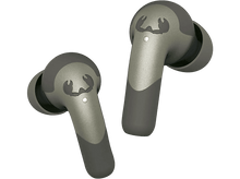 Charger l'image dans la galerie, Deux écouteurs olive avec un logo. Fond noir.
