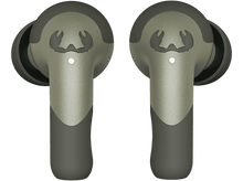 Charger l'image dans la galerie, Deux écouteurs, vert olive avec un logo. Fond noir.
