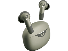 Charger l'image dans la galerie, Paire d'écouteurs sans fil vert olive et étui de chargement sur fond noir.
