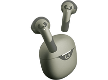 Charger l'image dans la galerie, Écouteurs et étui, vert olive avec des accents gris, sur fond noir.
