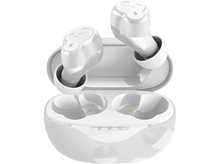 Charger l'image dans la galerie, Écouteurs blancs dans un étui de chargement, sur fond noir.
