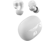 Charger l'image dans la galerie, Écouteurs sans fil blancs et un étui de chargement. Les écouteurs sont devant l'étui.
