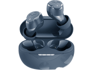 Paire d'écouteurs sans fil bleus dans un étui de chargement bleu.