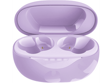 Charger l'image dans la galerie, Étui d'écouteurs violet ouvert, écouteurs à l'intérieur. Deux points dorés et une lumière blanche visibles.
