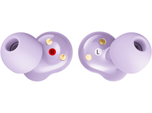 Charger l'image dans la galerie, Deux paires d'écouteurs sans fil violets avec des accents dorés, étiquetés 'R' et 'L', sur fond blanc.
