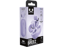 Charger l'image dans la galerie, Boîte d'écouteurs, Twins Breez, violet. Montre écouteurs et étui. Texte sur boîte et crochet noir.
