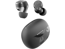 Charger l'image dans la galerie, Écouteurs sans fil noirs et étui de chargement sur fond blanc, vue de dessus.
