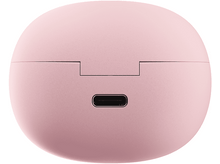 Charger l'image dans la galerie, Étui d'écouteurs rose, fermé, vu d'en haut. Port de charge noir en bas.
